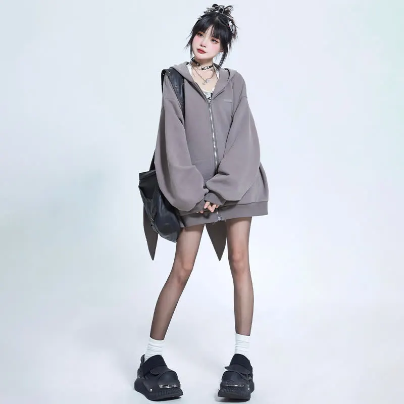 Long Bunny Ears Pocket Oversize Zipper Hooded Sweatshirt