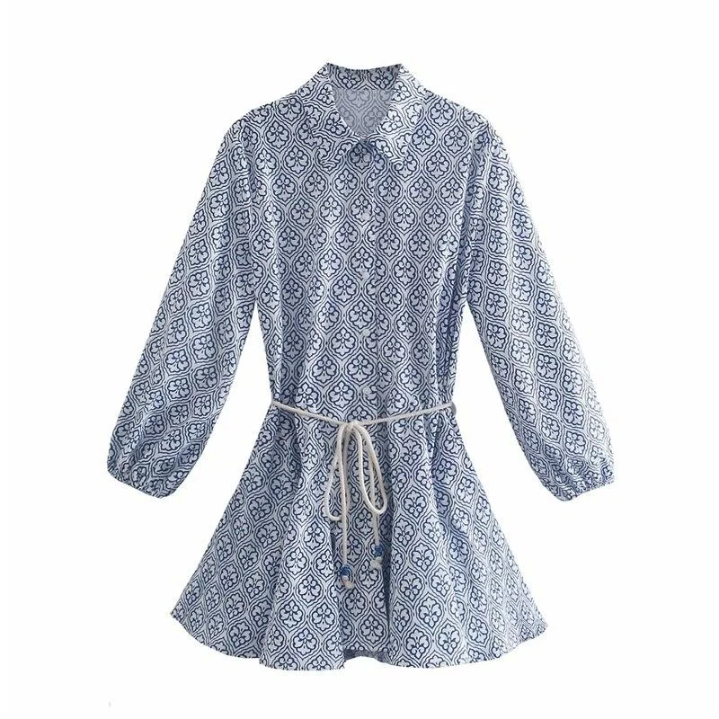 PUWD Casual Woman Blue Print Sashes Shirt Dress 2021 Spring Elegant Ladies Loose A-Line Short Dresses Female Sweet Holiday Dress