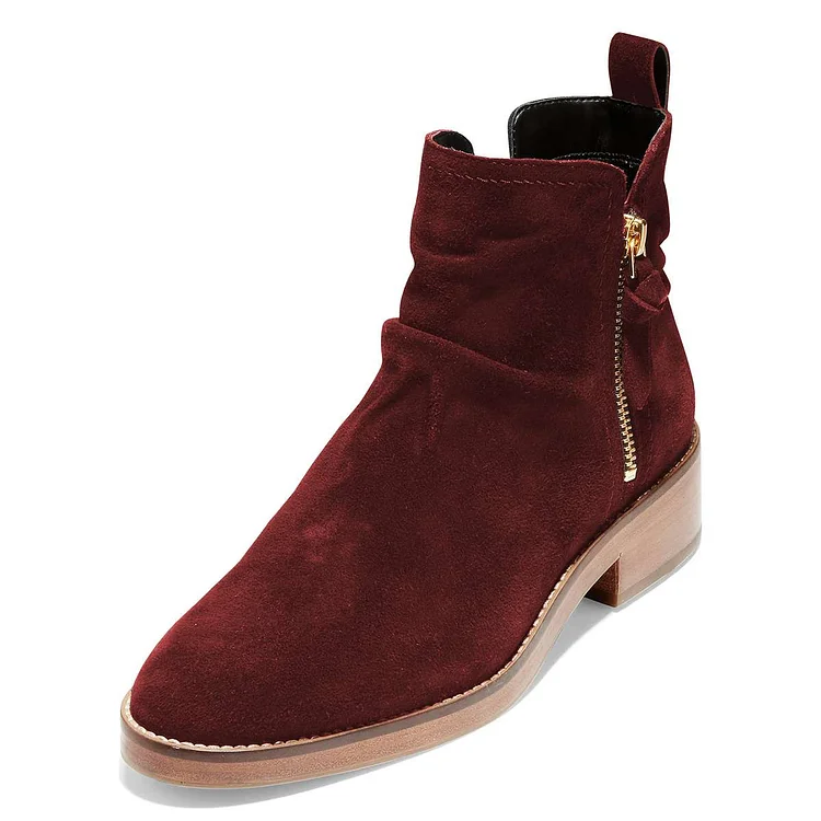 Burgundy Suede Zipper Ankle Booties Vdcoo