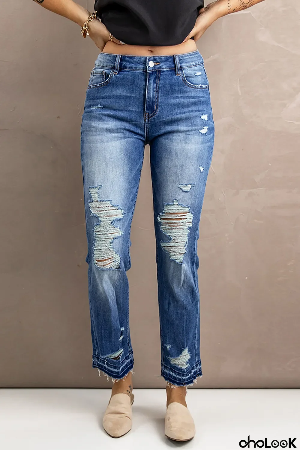 Sky Blue Washed Straight Leg Distressed High Waist Jeans