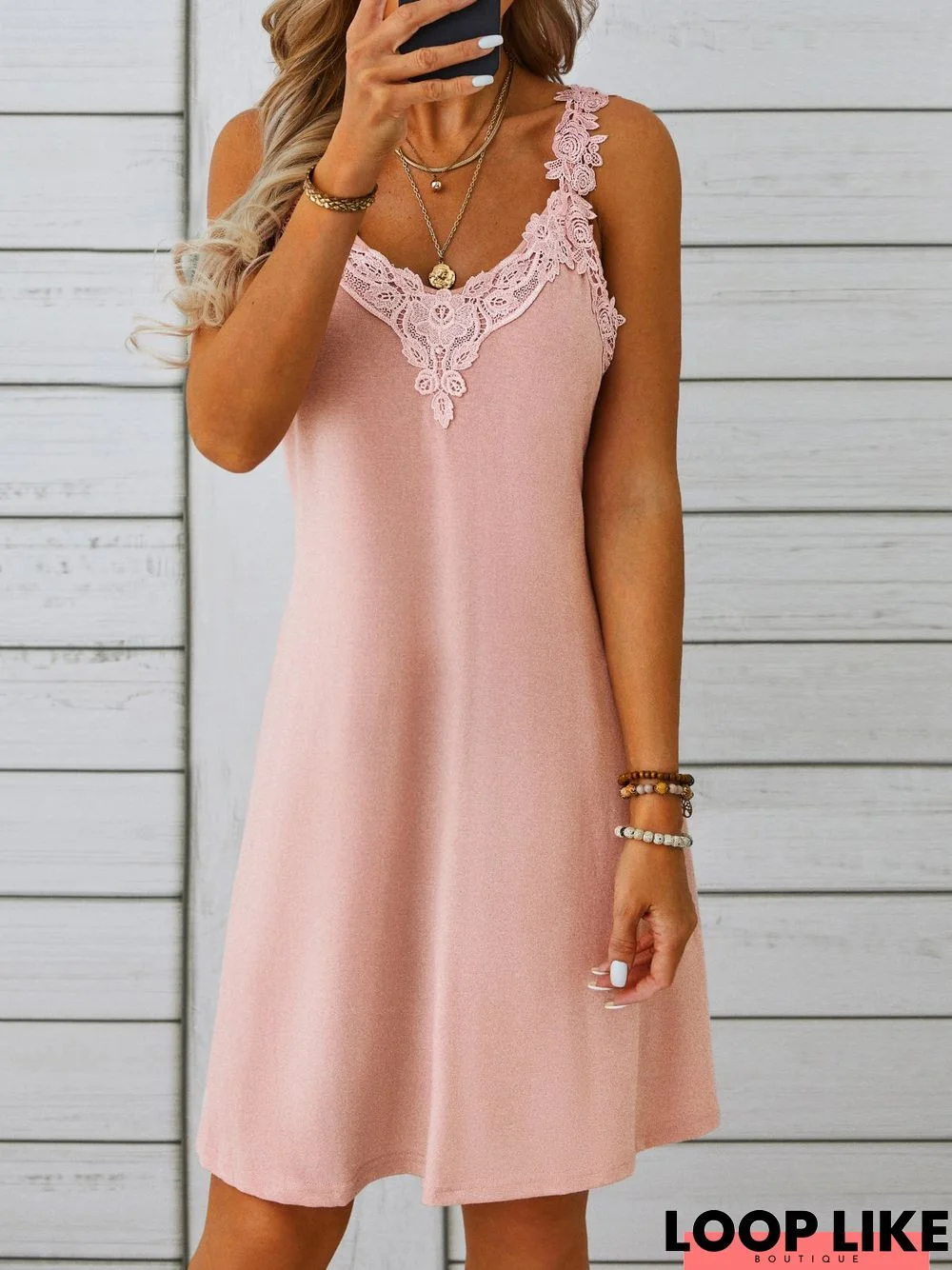 Lace V Neck Casual Sleeveless Dress