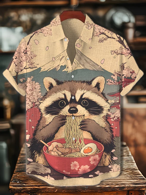 Men's Raccoon Eating Ramen Mount Fuji View Art Print Casual Shirt