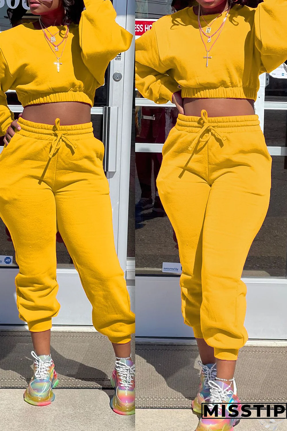 Yellow Street Solid Patchwork O Neck Long Sleeve Two Pieces