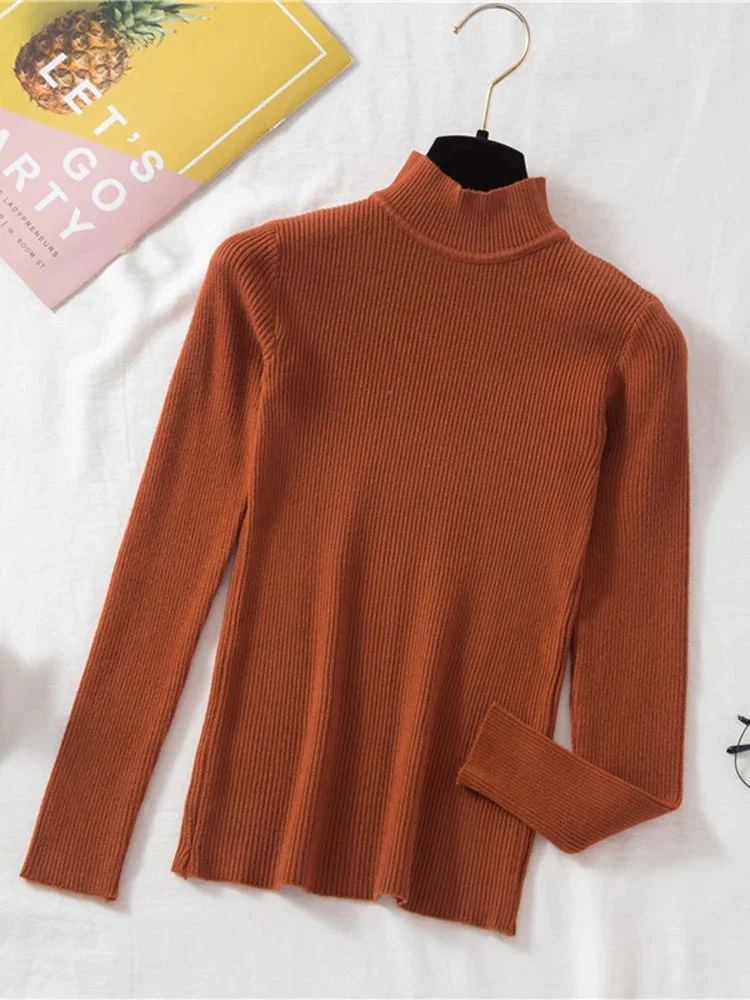 Oocharger Autumn Women Pullover Sweater Fashion Half Turtleneck Knitted Female Jumper Long Sleeve Winter Black Soft Elastic Blouse