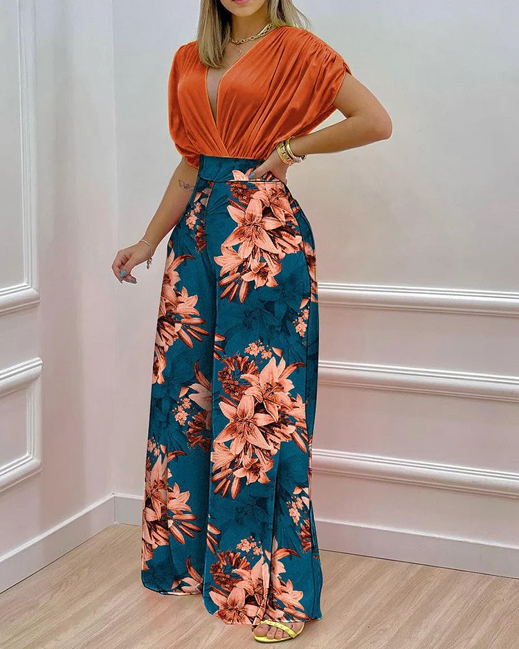 Printed dolman sleeve top and wide leg pants two-piece set