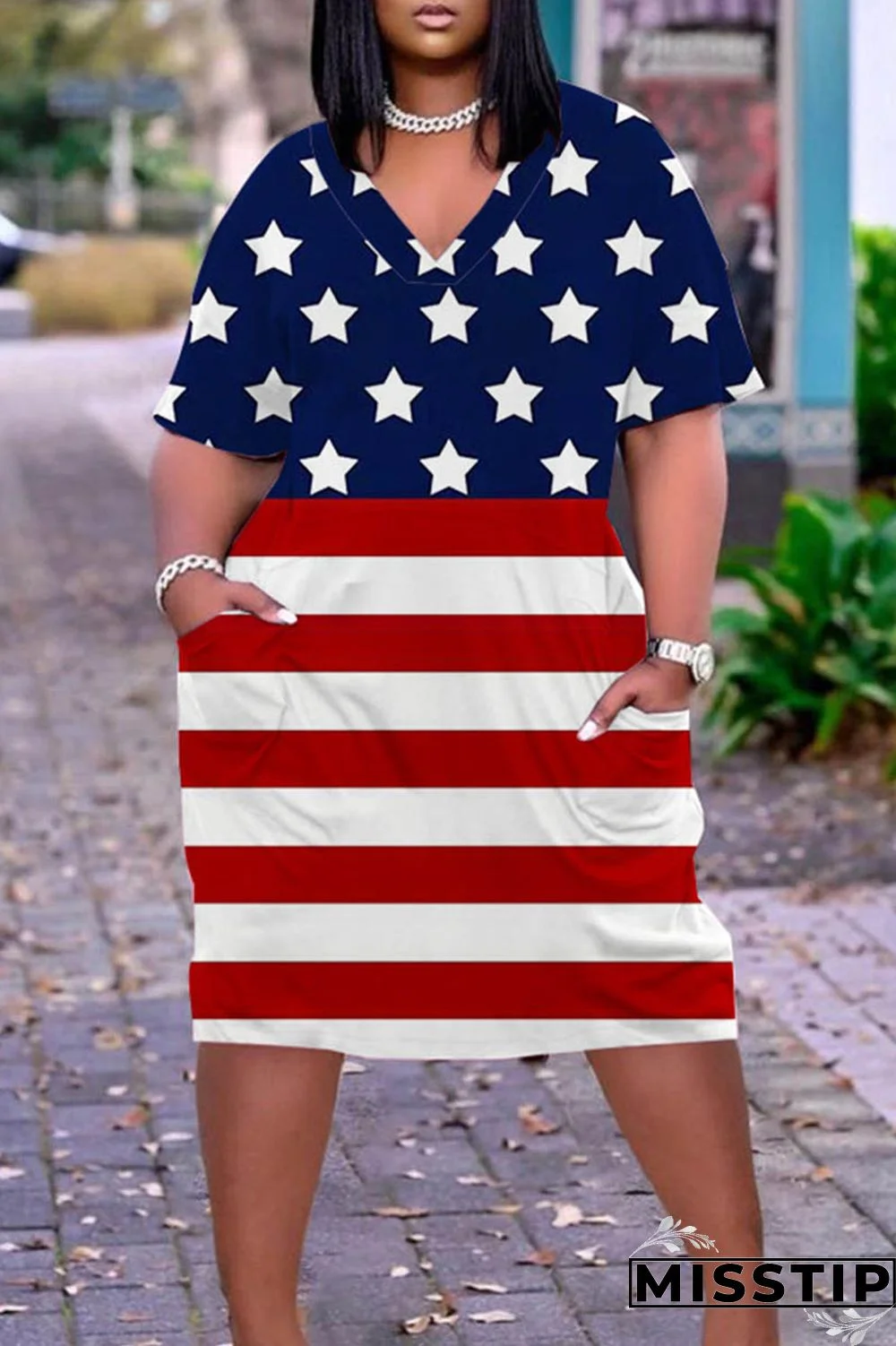 Dark Blue Red Casual Print Patchwork V Neck Short Sleeve Dress Plus Size Dresses