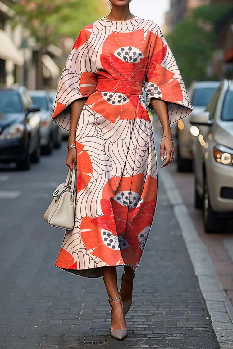 Women's Vintage Elegant Poppy Print Midi Dress