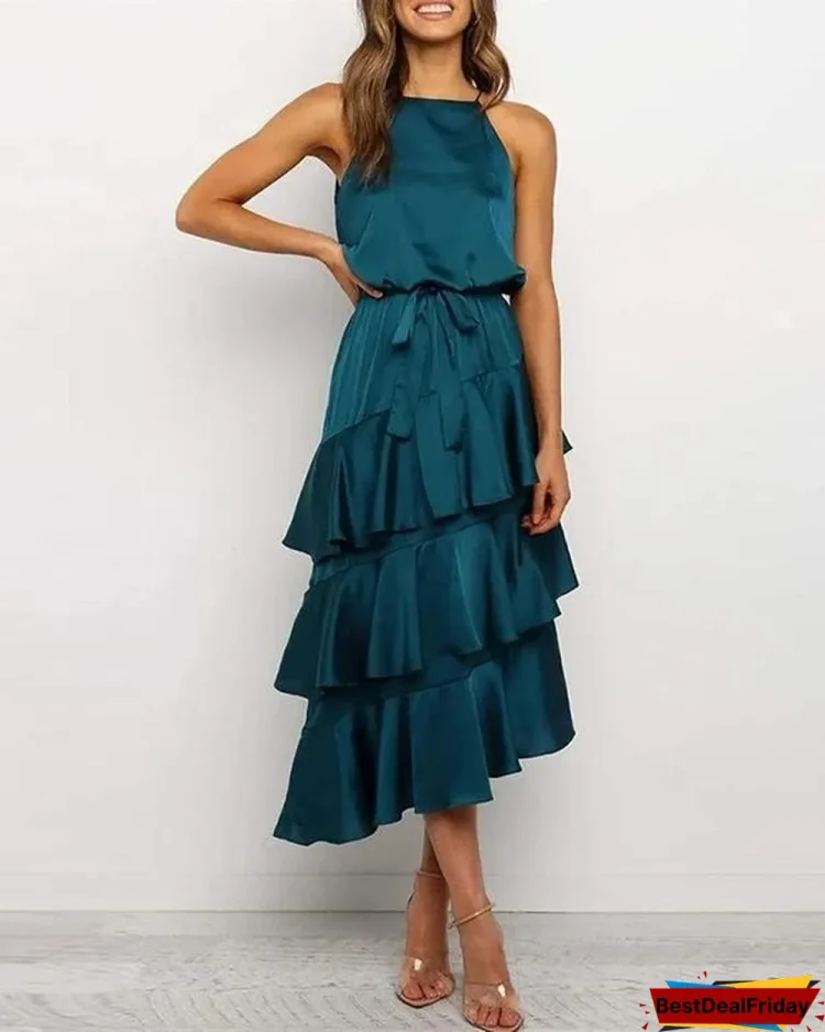 elegant solid irregular layered skirt tie waist maxi dress p119386