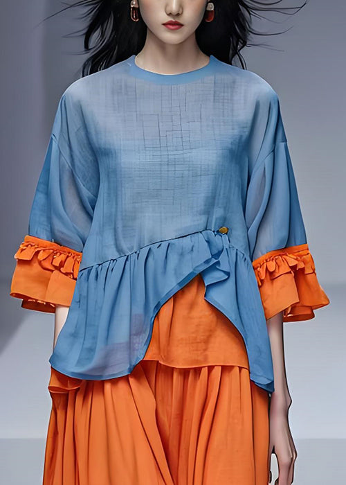 VCSHOES Blue O Neck Ruffled Patchwork Cotton Tops Summer