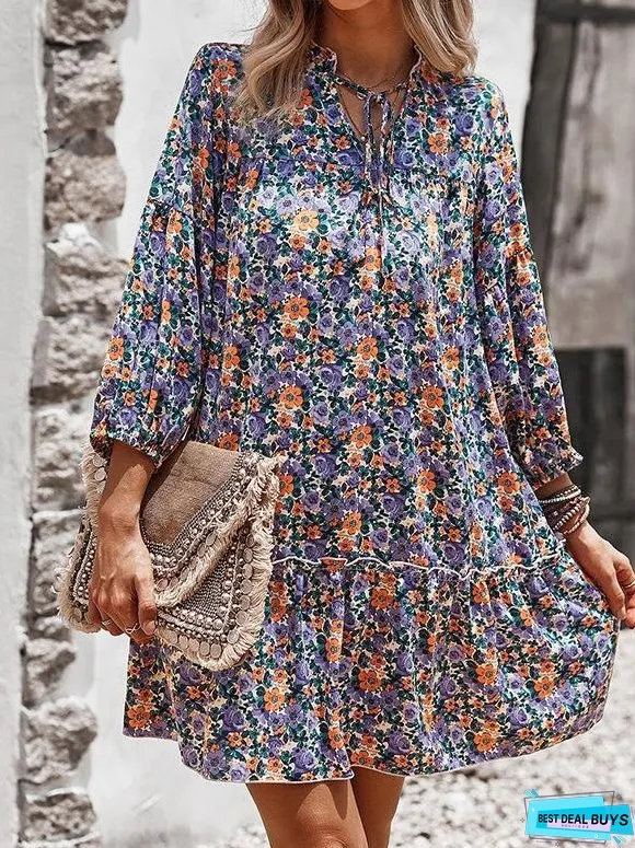 Printed Long Sleeve Casual Holiday Dress