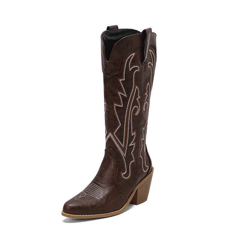 GOOSHOE Pointed Wood Grain Tapered Thick Heel Embroidered Stripe Knee High Boots Plush Lining Women's Western Boots