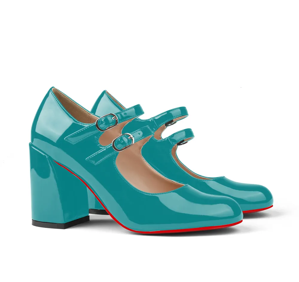 85mm Chunky Low Block Heels Mary Jane Closed Toe Work Pumps Comfortable Round Toe Dress Wedding Red Bottom Shoes-vocosishoes