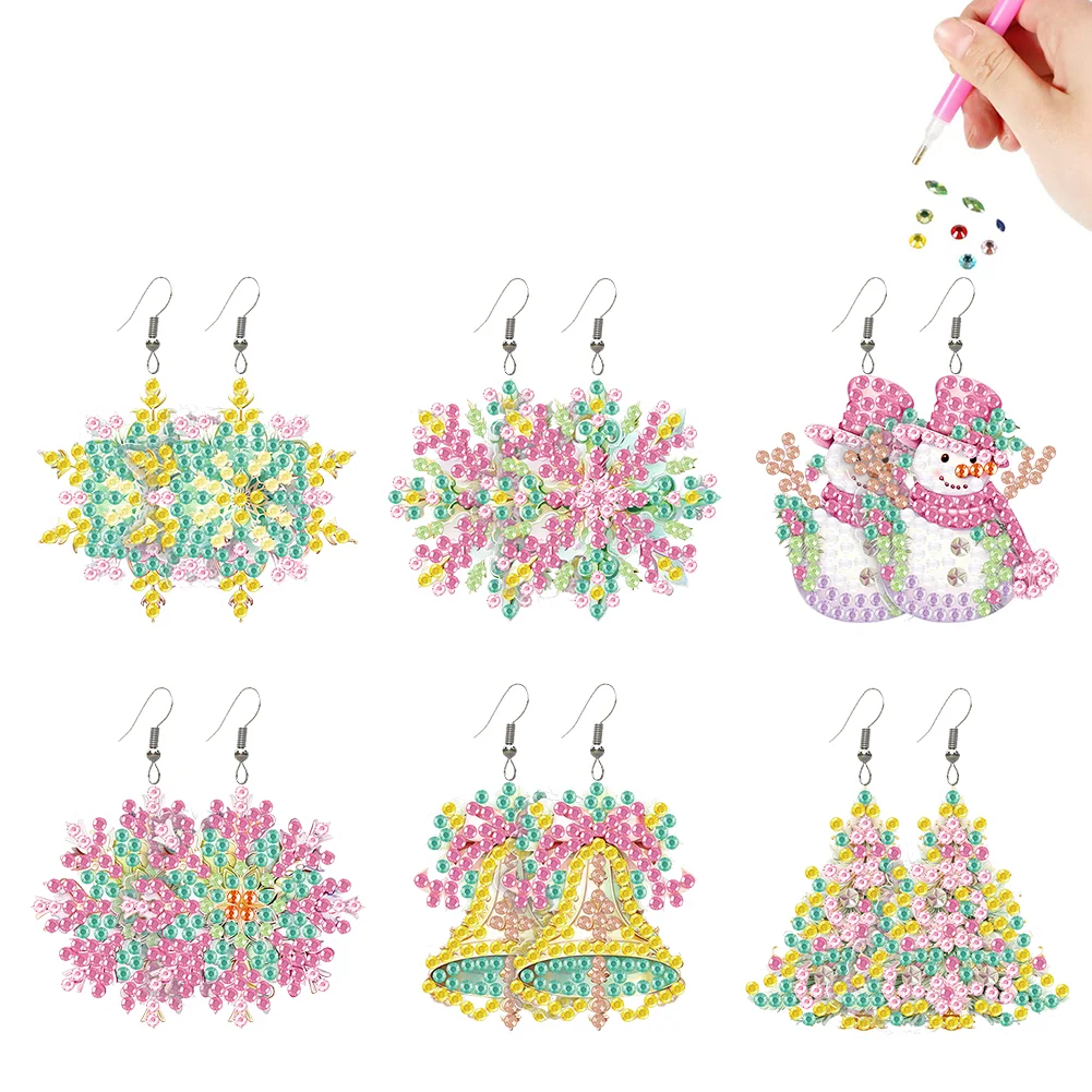 6 Pairs Christmas Snowflake Double Sided Diamond Painting Earrings Jewelry