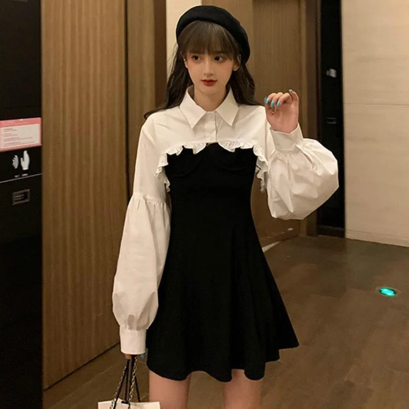 Women Sets Puff Sleeve Turn-down Collar Ruffles Streetwear Autumn Slim Fashion Beauty Korean Style Chic Zipper Skirt Button Ins