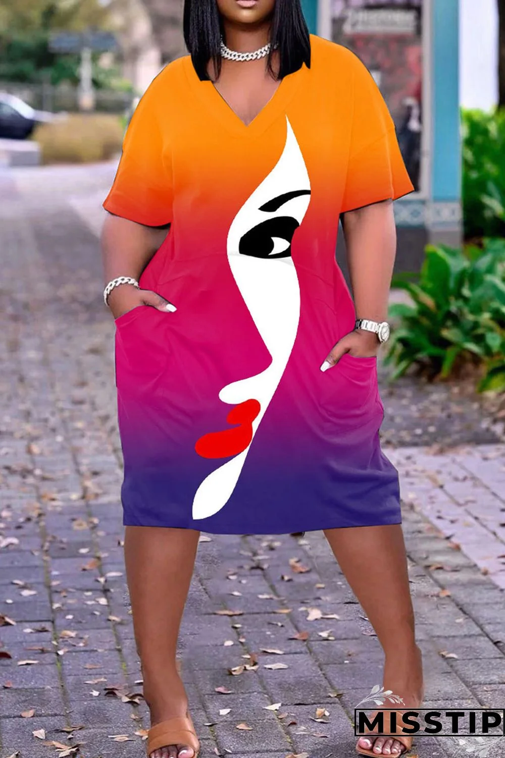 Multi-color Fashion Casual Print Patchwork V Neck Short Sleeve Dress