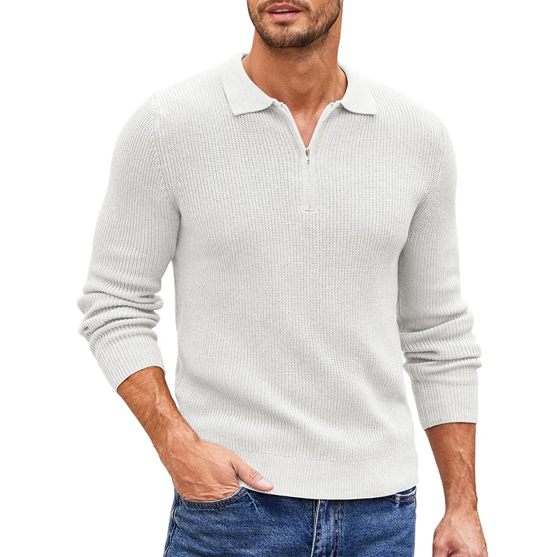 Men's Zip Long Sleeve Casual Knit Polo Sweater
