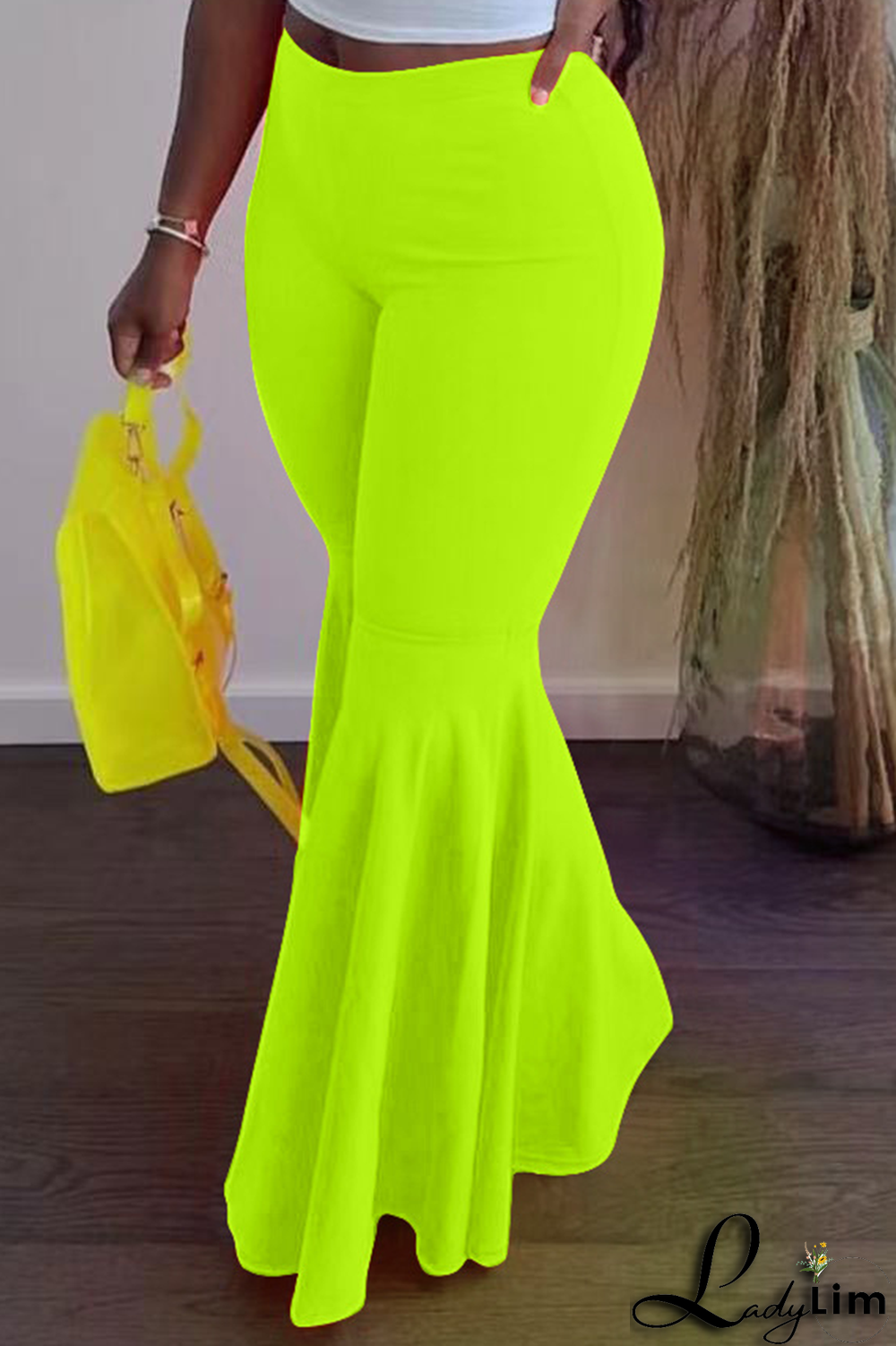 Fluorescent Green Fashion Solid Flounce Boot Cut High Waist Speaker Solid Color Bottoms