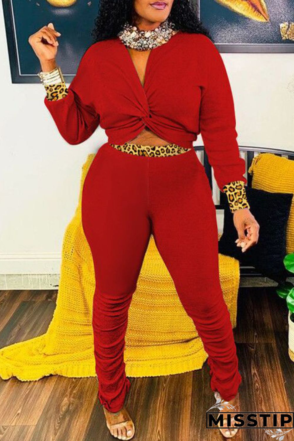 Black Fashion Casual Print Leopard Patchwork Fold V Neck Long Sleeve Two Pieces