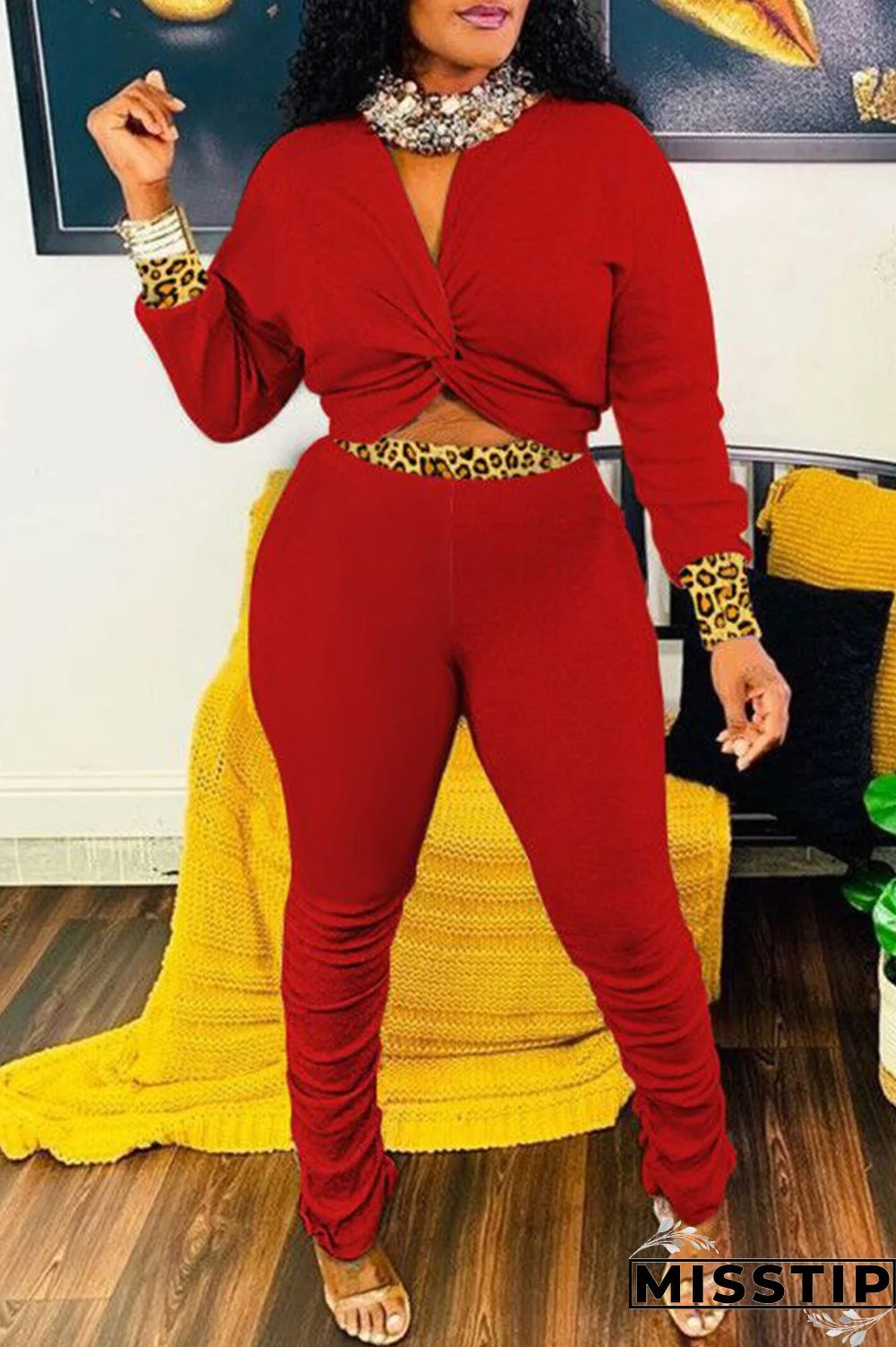 Black Fashion Casual Print Leopard Patchwork Fold V Neck Long Sleeve Two Pieces