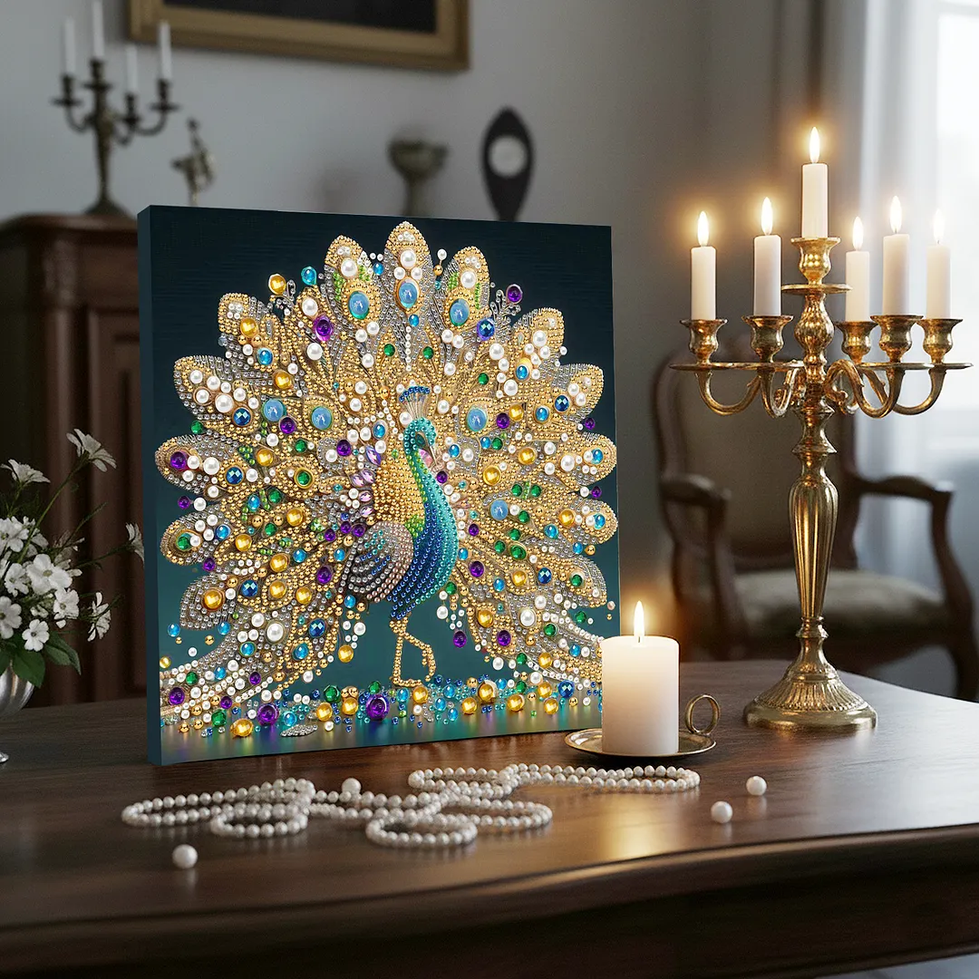 Peacock DIY Art Craft Pearl Diamond Painting with Frame 9.84x9.84in Diamond Art Pearl Painting Kit for Adults Beginners Gift Idea Home Wall Decor