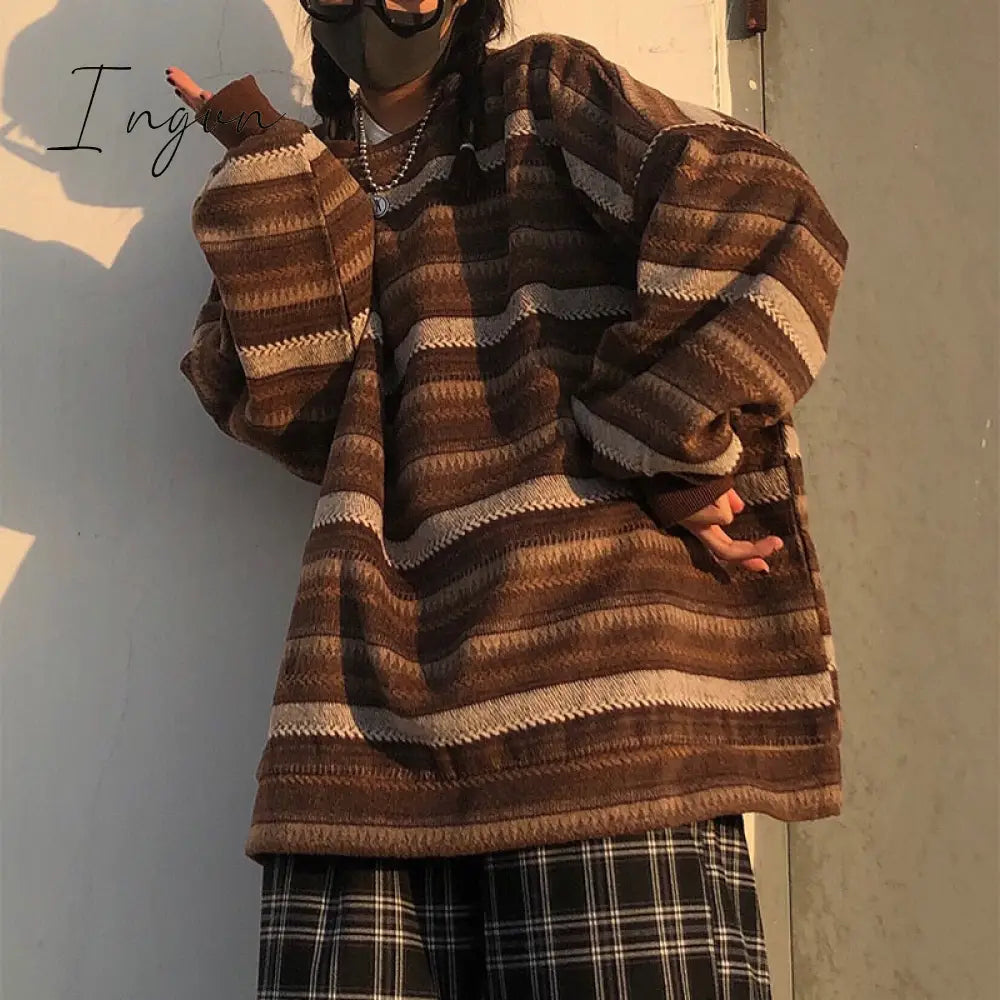 Ingvn - Retro Classic Striped Loose Sweater Coffee / S