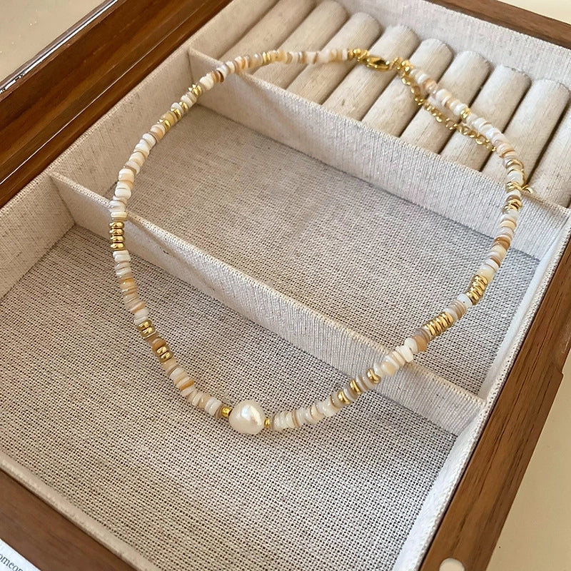 Natural Stone Freshwater Pearl Minimalist Beaded Geometric Necklace
