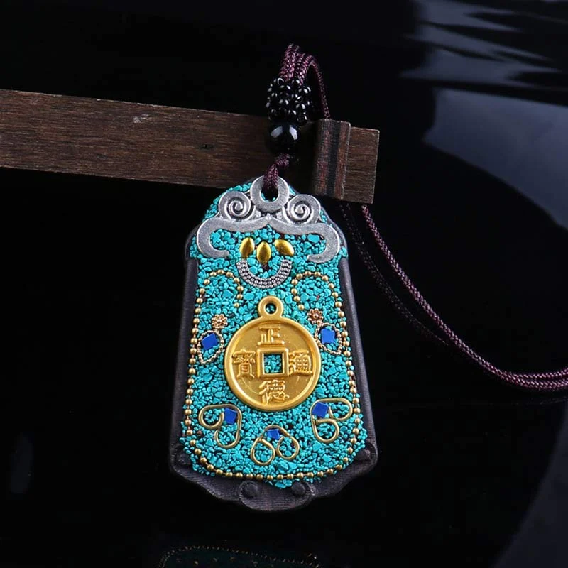 Ebony Wood Elephant Lotus Balance String Necklace Pendant