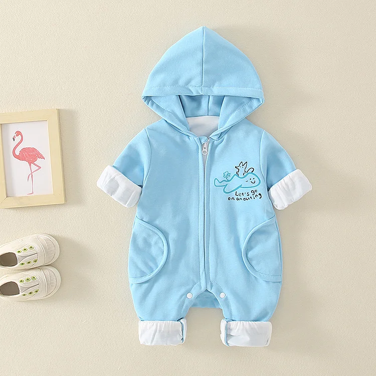 Baby Boy & Girl Cute Cartoon Solid Color Zipper Hooded Long Sleeve Fluff Romper