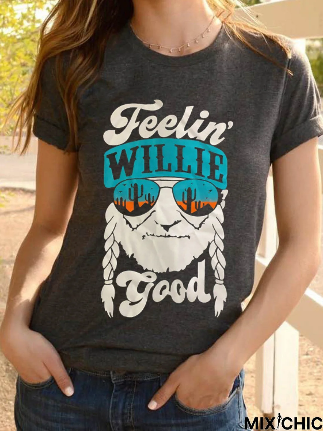 Round Neck Short Sleeve Printed Casual Tops