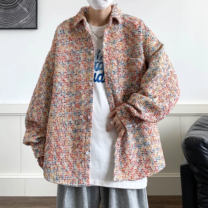 Woherb 2023 New Hong Kong Style Large Size Small Fragrant Wind Long Sleeve Flower Shirt Coat Fashion Shirt Male Teenager Retro Design-Outfit Ideas