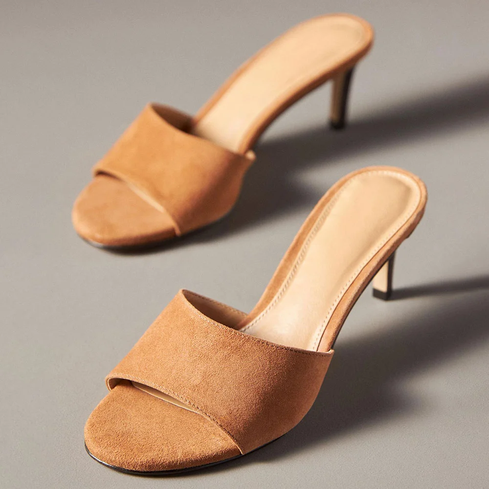 YDN Classic Vegan Suede Open-Toe Kitten Heeled Mules in Tan