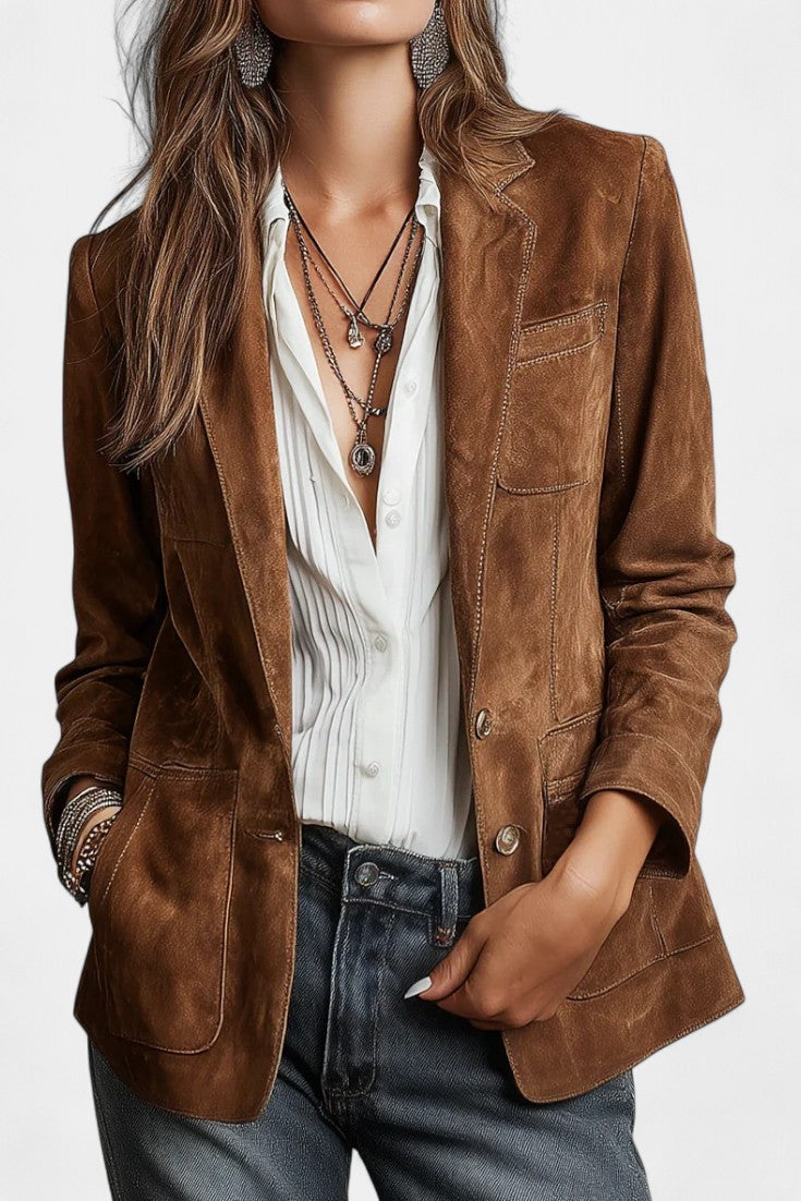 Structured Suede Blazer with Contrast Stitching