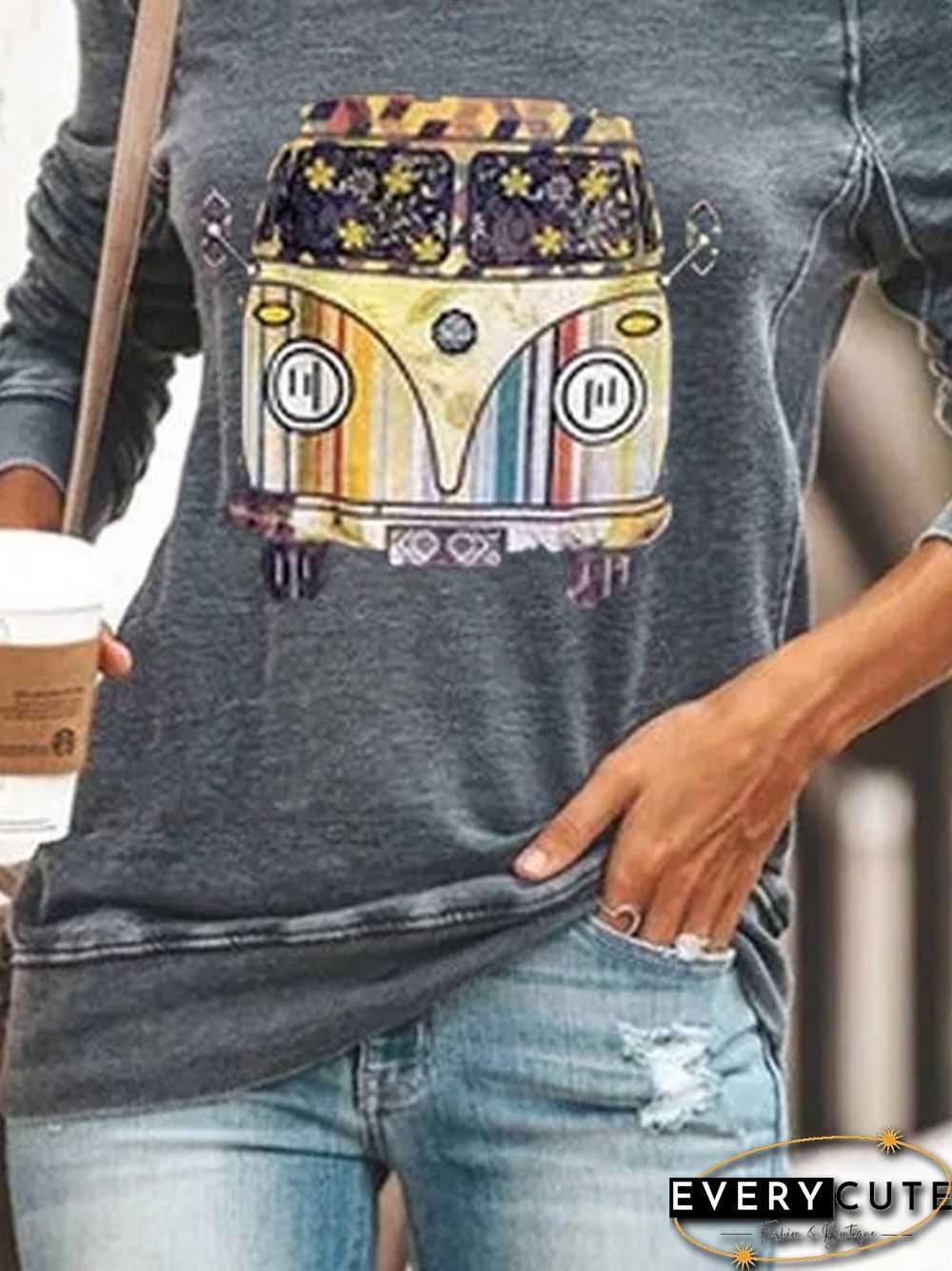 Gray Printed Casual Round Neck Cotton Tops