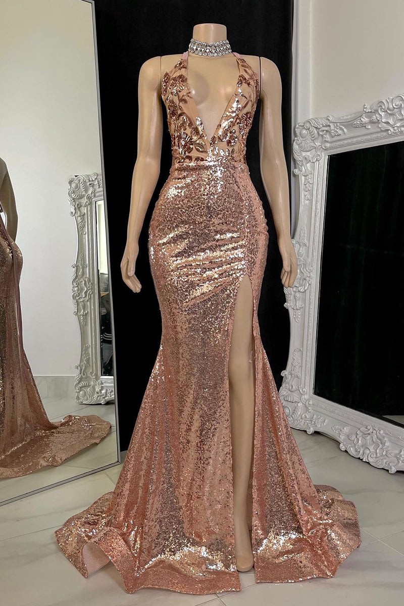 Bellasprom V-Neck Sleeveless Slit Prom Dress With Sequins On Sale Bellasprom