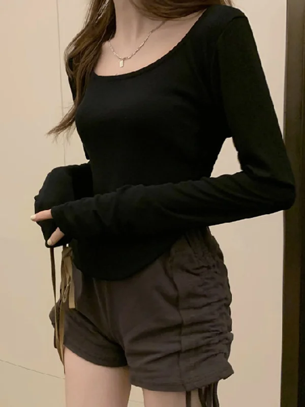 Solid Color Skinny Long Sleeves Square-Neck T-Shirts Tops