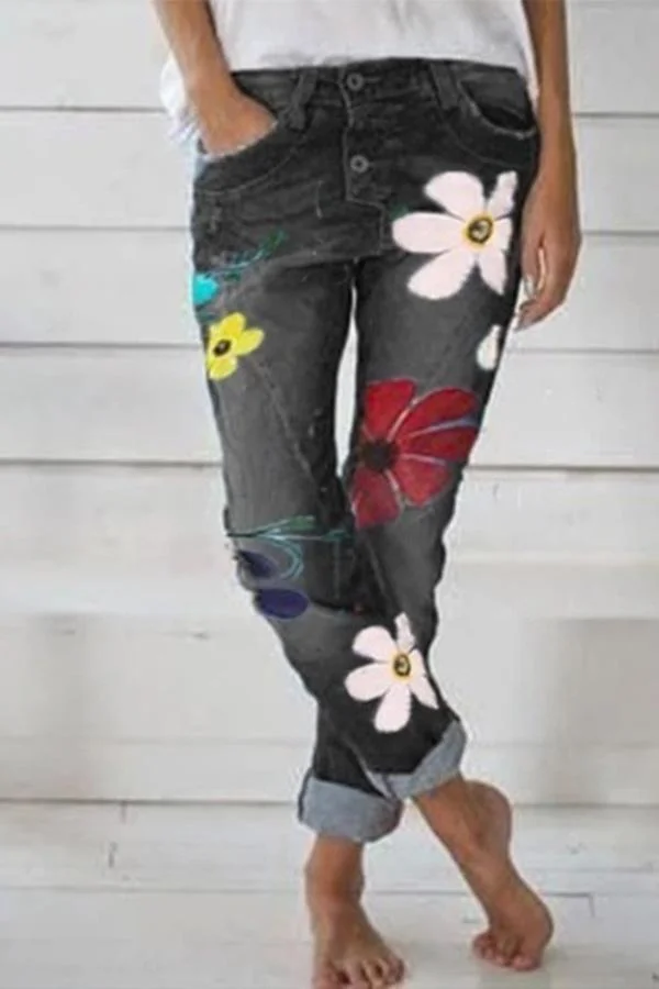 Flower Printed Slim Fit Jeans
