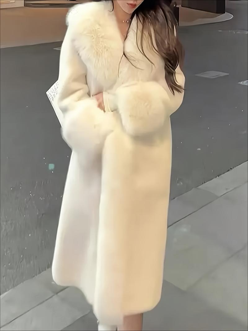 Women's Elegant White Faux Fur Coat High Quality Warm Winter Jacket Dual Purpose for Casual Formal Dinner Long Sleeve Soft Stylish Outerwear Pair with Statement Earrings Womenswear Tops Basic Minimalist winter clothes women winter coats women