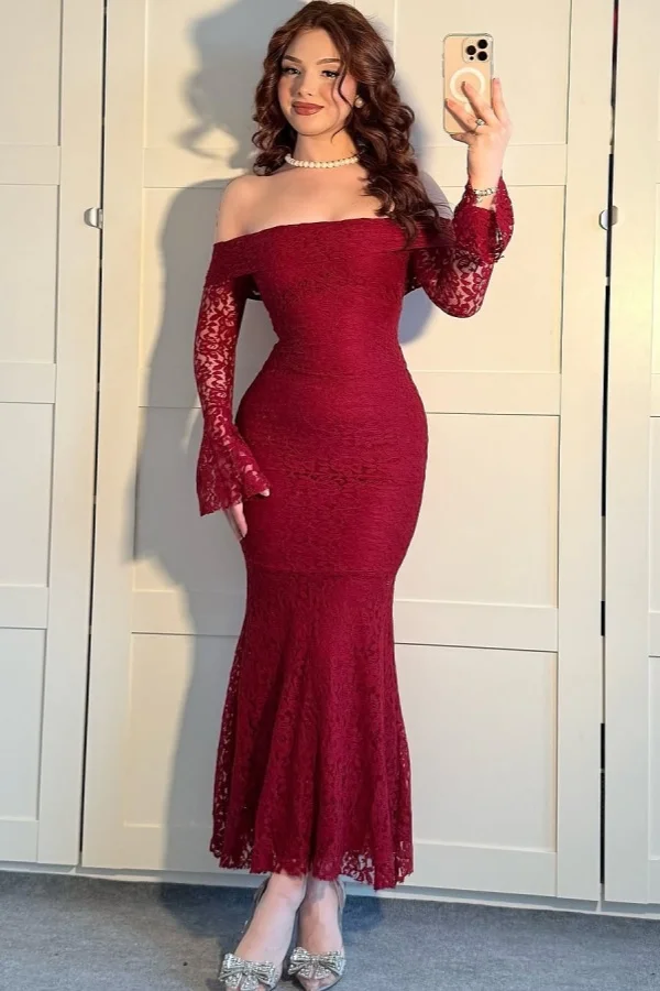 Sexy Red Off-The-Shoulder Mermaid Long Lace Sleeves Prom Dress YK0047