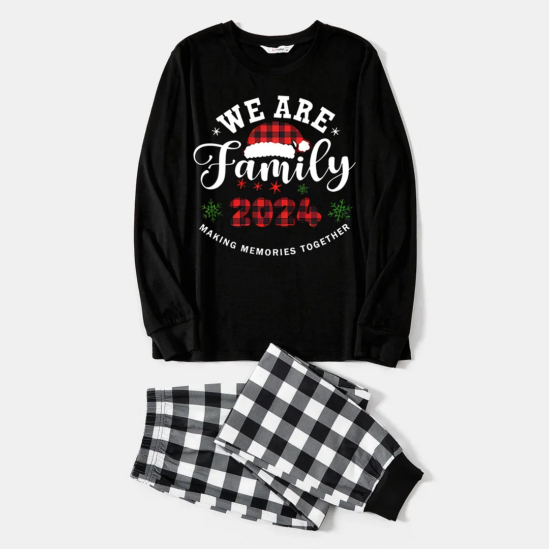 "We are Family" Santa Hat Monogram Print Black Long Sleeve Top with Black And White Plaid Pants Family Matching Pajamas
