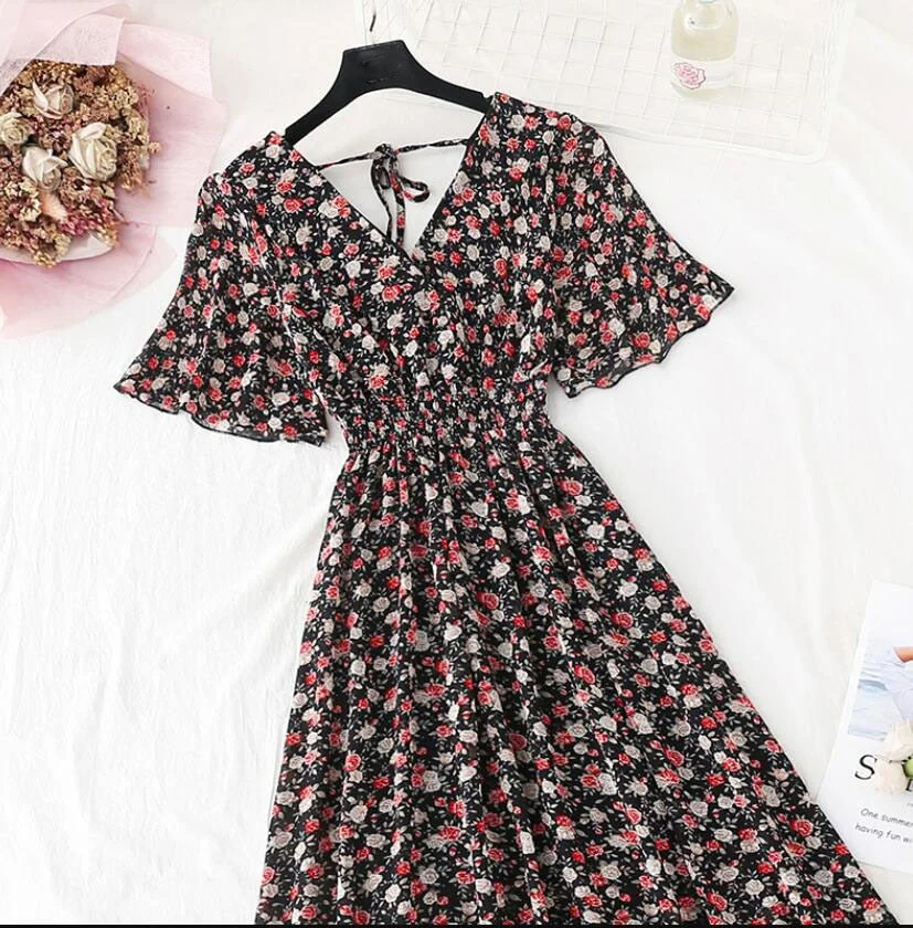 Summer Vintage Floral Chiffon Long Dress Sexy V-neck Ruffle Boho Dresses 2021 Elegant Women Party Short sleeve Dress Vestidos