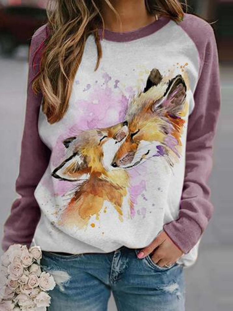 Artwishers Watercolor Fox Love Contrast Color Sweatshirt