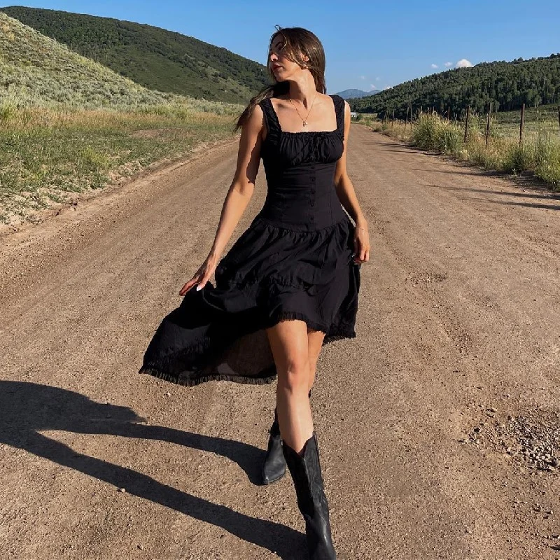 Uveng Uveng Summer New Women's Holiday Style Fashion Square Collar French Temperament Slim Halter Dress