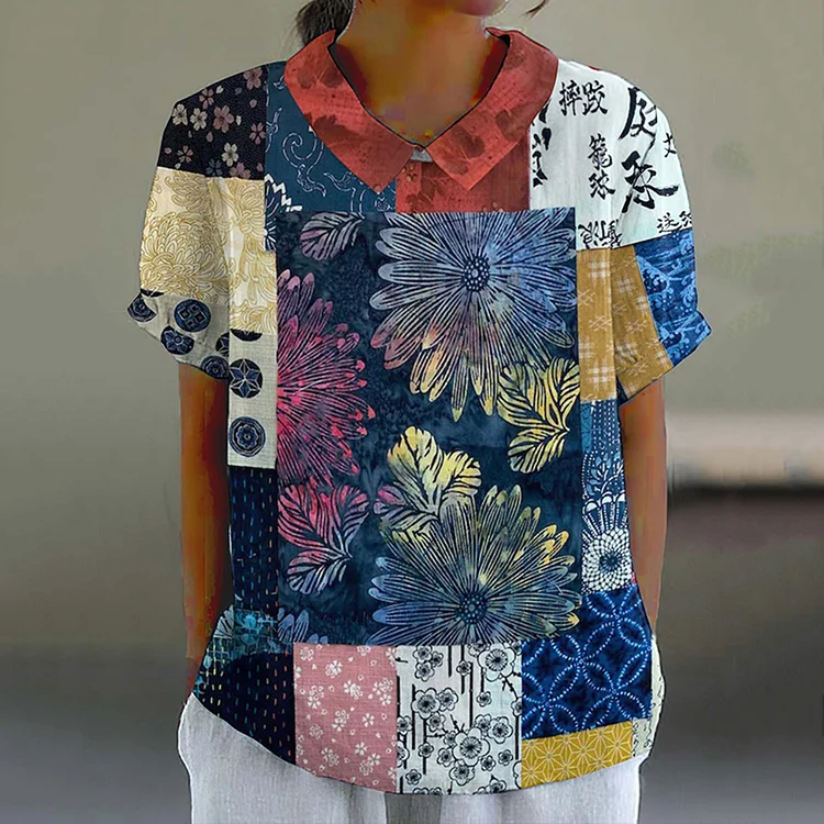 Comstylish Japanese Traditional Sashiko In Floral Patchwork Art Pattern Printed Casual Women's Cotton Linen Shirt