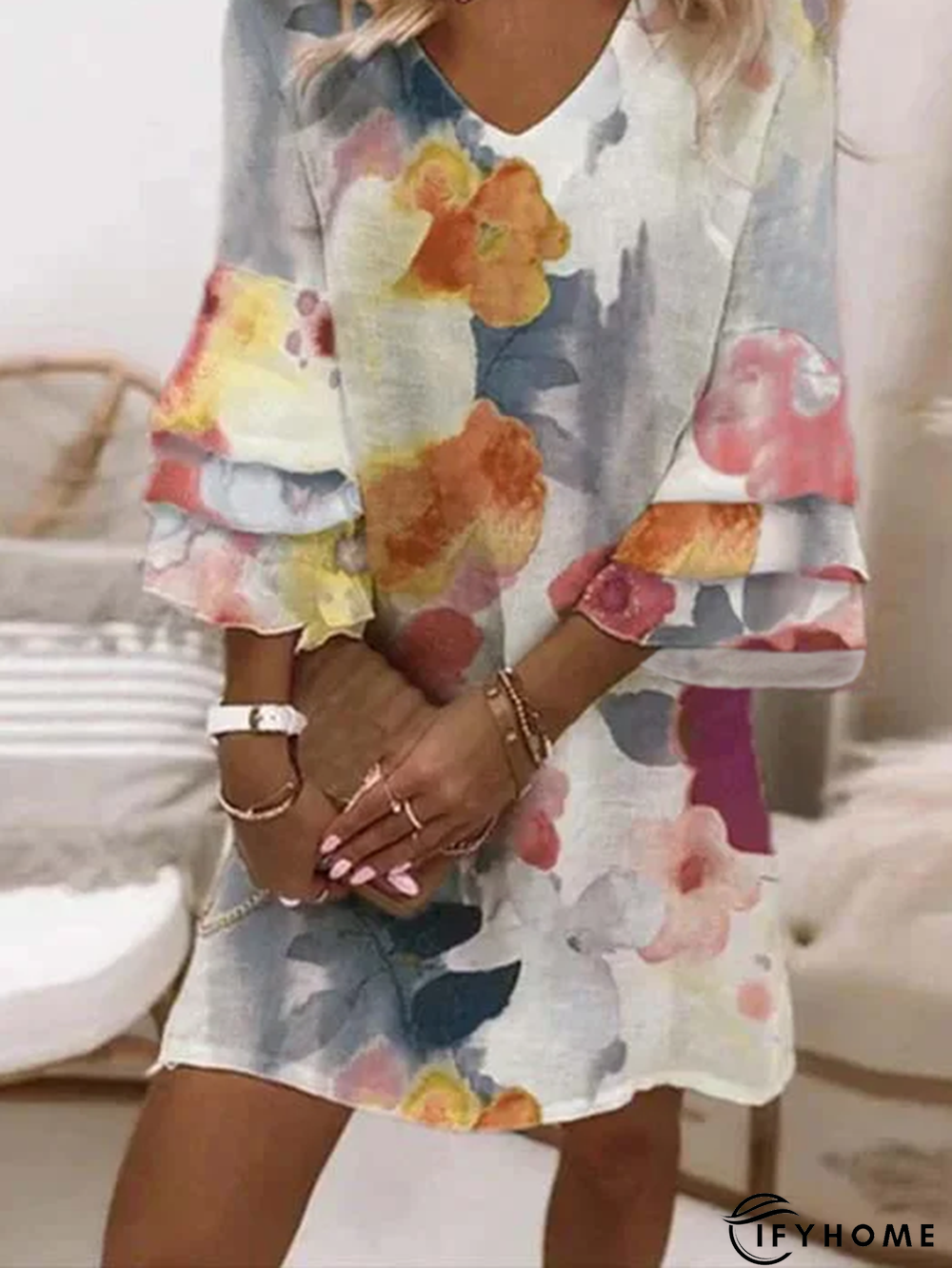 Casual V neck Floral Three Quarter Woven Tunic Dress | IFYHOME