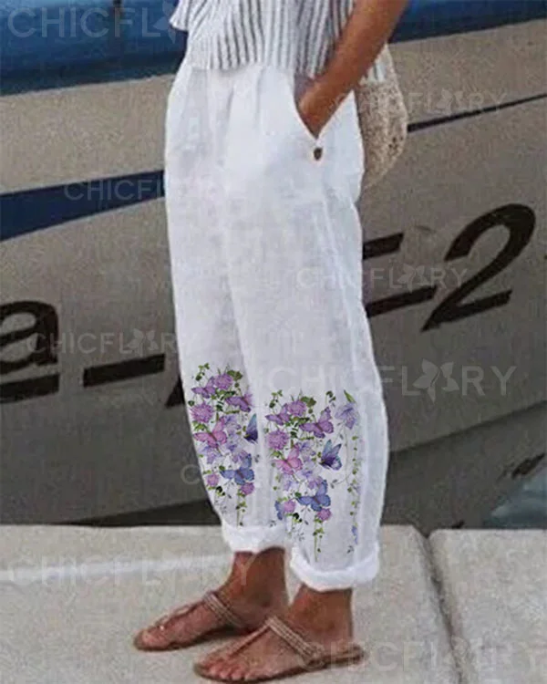 Casual Loosen Pockets Floral Pants