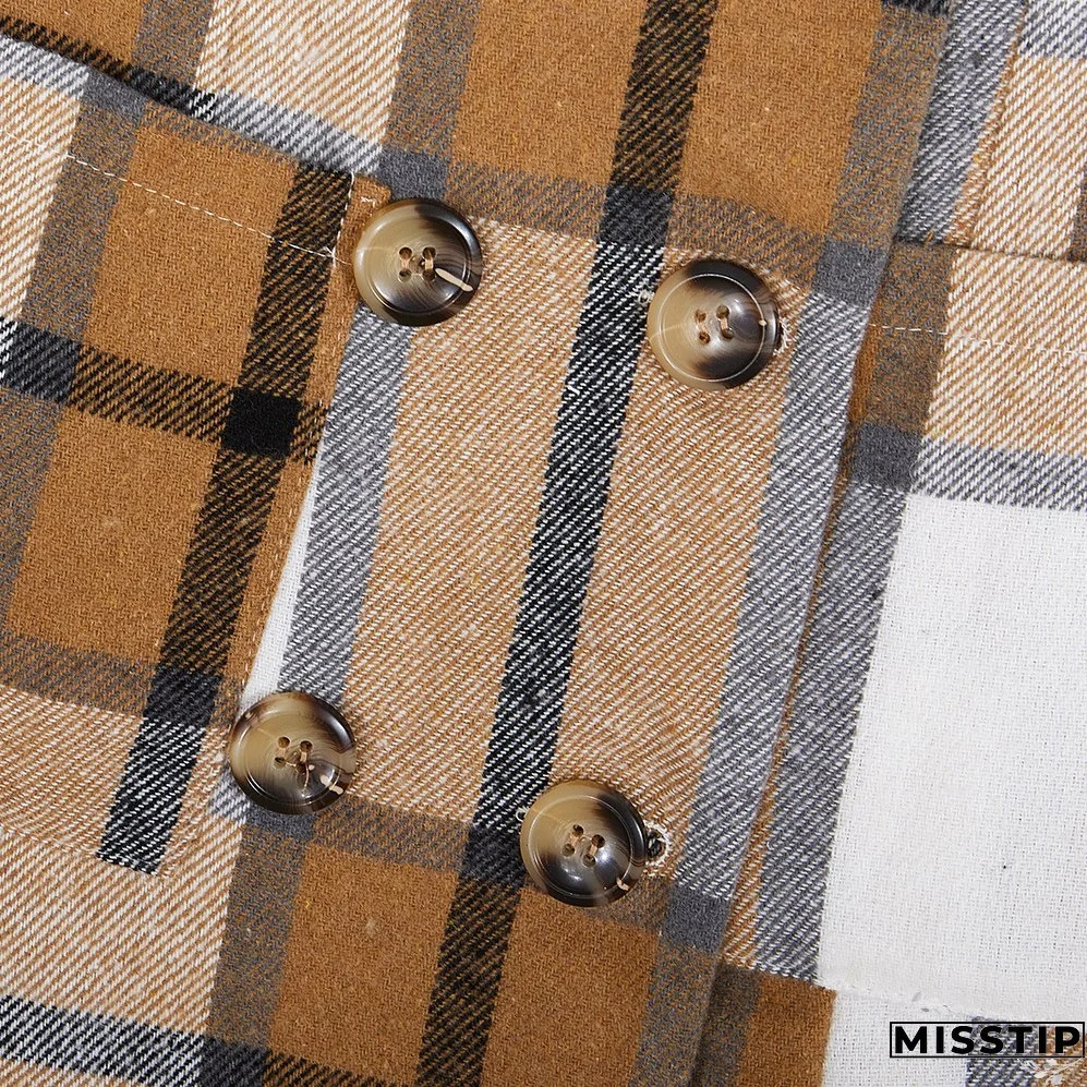 Women's Fashion Plaid Long Vest Turndown Collar Sleeveless Blazer