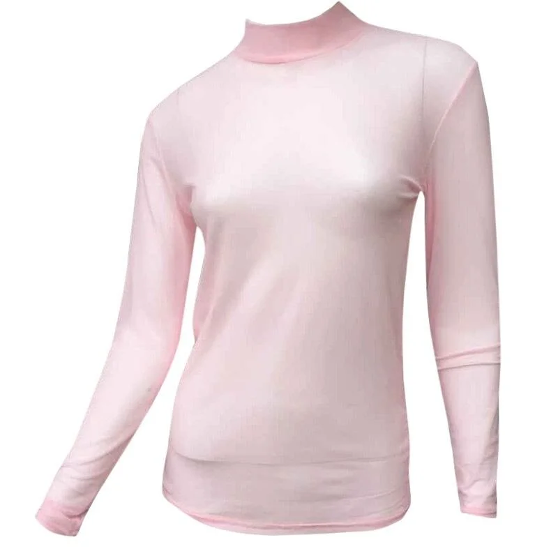 fashion Women T Shirt See Through Transparent Mesh Tops Long Sleeve Sheer Slim Ladies Turtleneck T-Shirt Spring Autumn Tee