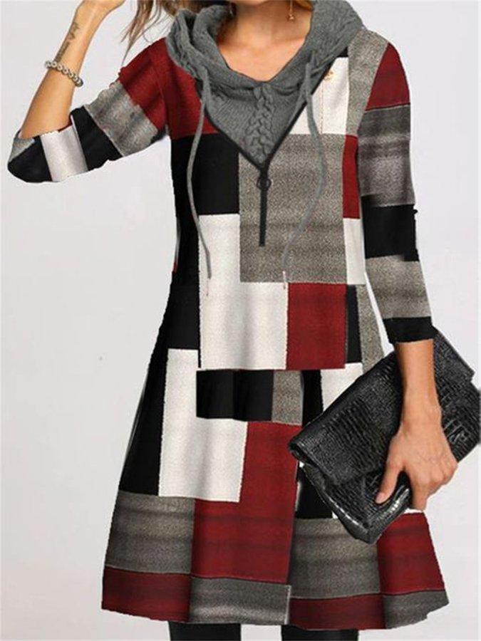 Long Sleeve A-Line Hooded Checkered Dresses