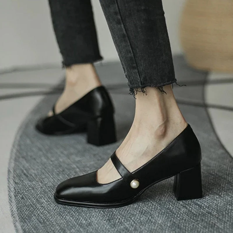 2021 New Fashion Women Shoes Square Toe Mary Janes Shoes Square Heel Dress Shoes Pearl Buckle Pumps High Heels Office Shoe 8557N