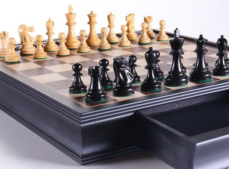 19" English Chess Set with Pullout Storage Drawers - Black